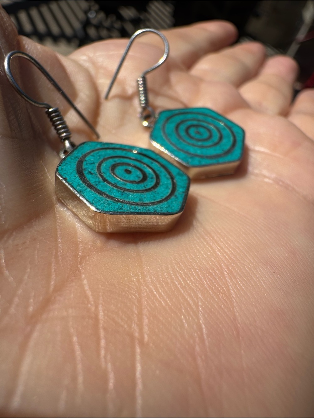 Nepalese Turquoise and Silver Hexagon Dangle Earrings - - Picture 3 of 8
